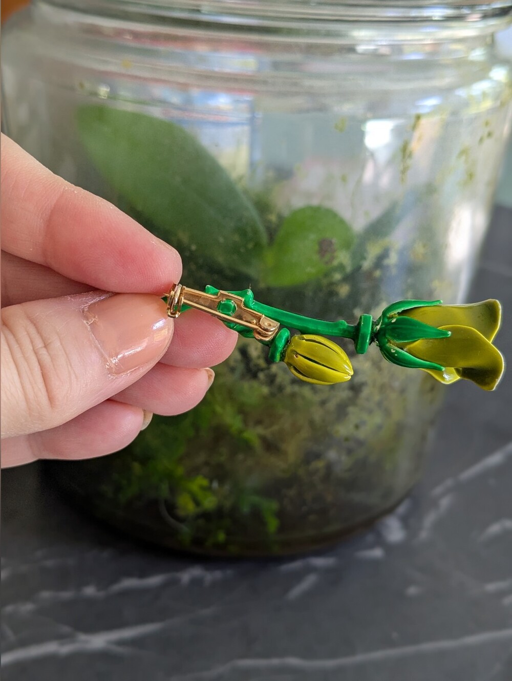 Mid-century Green and Yellow Enamel Flower Brooch
